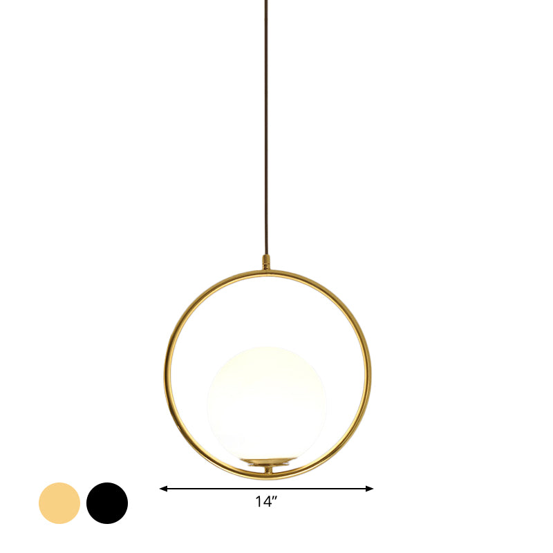 Modern Black/Gold Hanging Lamp With Frosted White Glass Ringed Pendant 10/12/14 Width