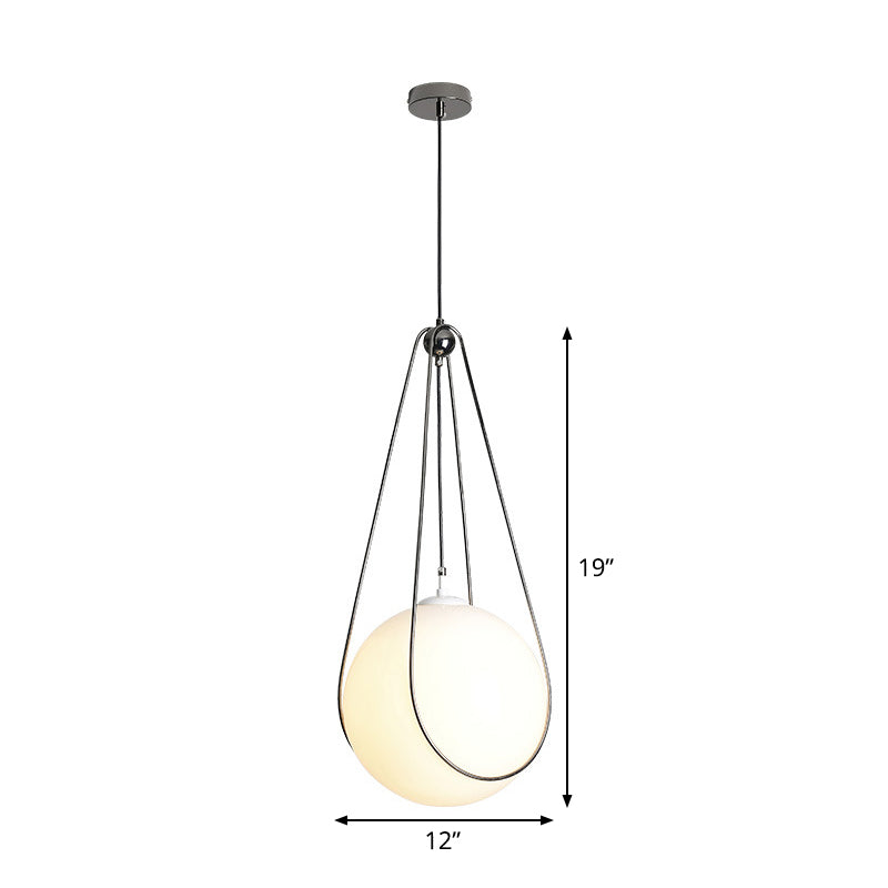 Suspension moderne en verre blanc en forme de larme avec finition nickelée - 1 lampe pour restaurant (largeur 8"/10"/12")