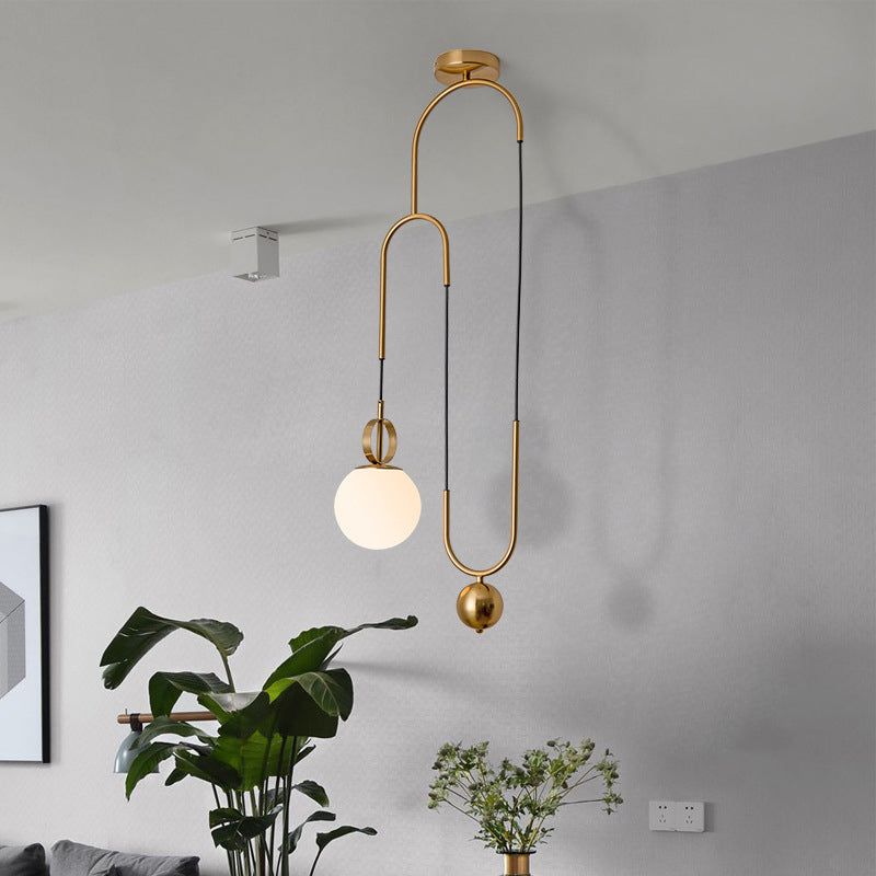 Opaline Glass Ball Pendant Light with Pulley - Postmodern Hanging Lamp in Gold