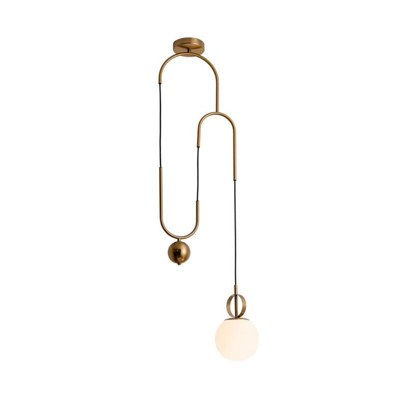 Opaline Glass Pendant Light Kit With Pulley - Postmodern 1-Light Hanging Lamp In Gold