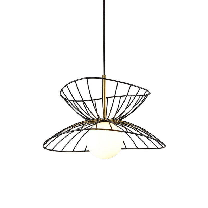 Modern Black And Gold Double-Flared Pendulum Ceiling Lamp With Opal Glass Ball