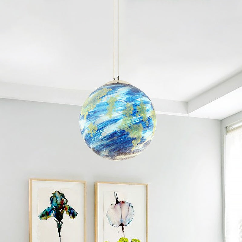 Lampe suspendue pour enfants : sphère Saturne/Terre, verre bleu clair/jaune, ampoule simple, 8"/12"/16" de diamètre