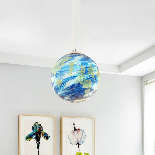 Lampe suspendue pour enfants : sphère Saturne/Terre, verre bleu clair/jaune, ampoule simple, 8"/12"/16" de diamètre