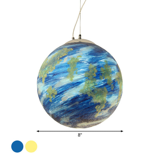 Lampe suspendue pour enfants : sphère Saturne/Terre, verre bleu clair/jaune, ampoule simple, 8"/12"/16" de diamètre