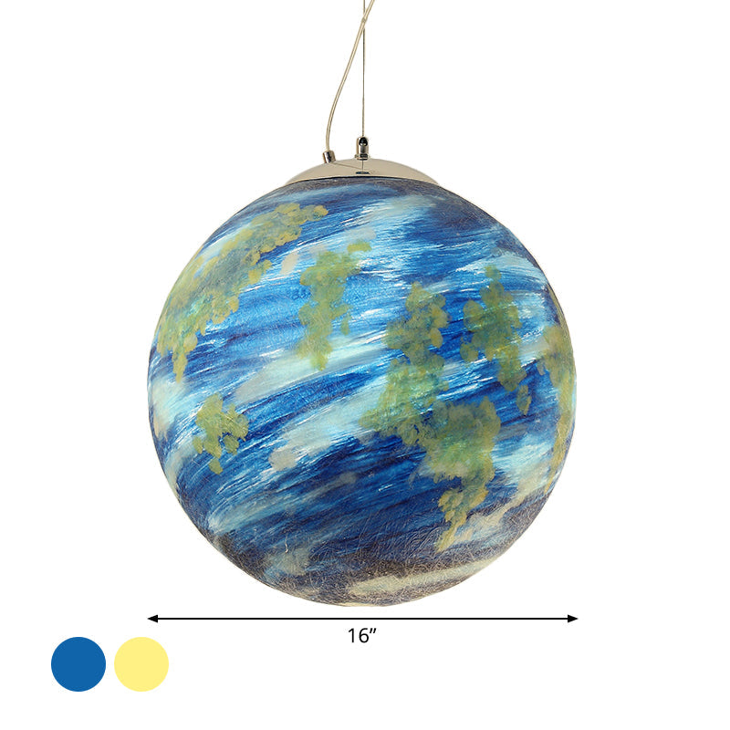 Lampe suspendue pour enfants : sphère Saturne/Terre, verre bleu clair/jaune, ampoule simple, 8"/12"/16" de diamètre