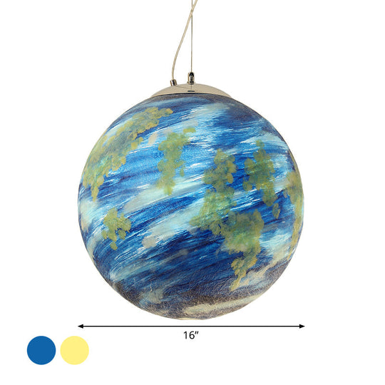 Lampe suspendue pour enfants : sphère Saturne/Terre, verre bleu clair/jaune, ampoule simple, 8"/12"/16" de diamètre