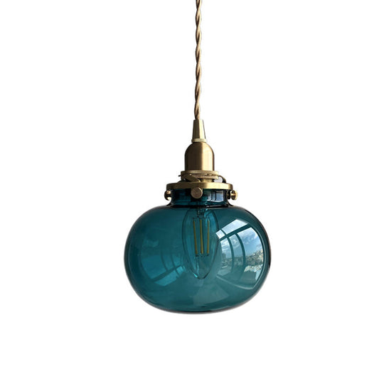Modern Brass Pendant Light With Elliptical Blue/Clear/Green Glass Shade For Dining Room Ceiling