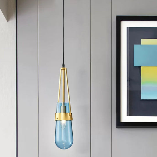 Clear/Blue Glass Pendant Lamp With Brass Gripper - Postmodern Drop Shape Dining Room Hanging Light