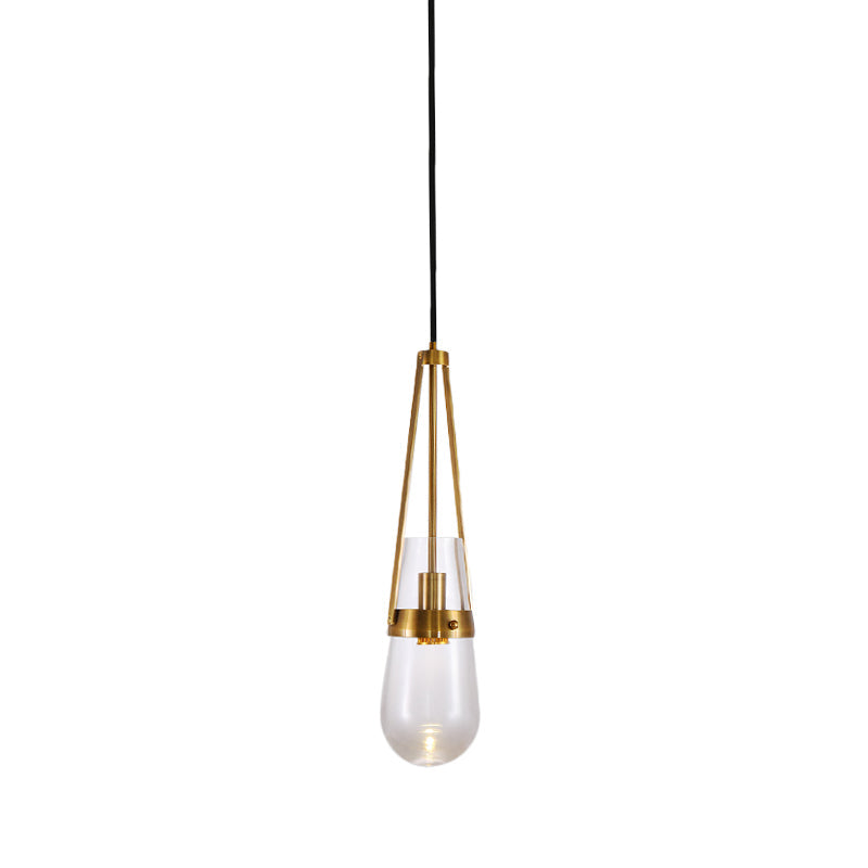 Clear/Blue Glass Pendant Lamp With Brass Gripper - Postmodern Drop Shape Dining Room Hanging Light