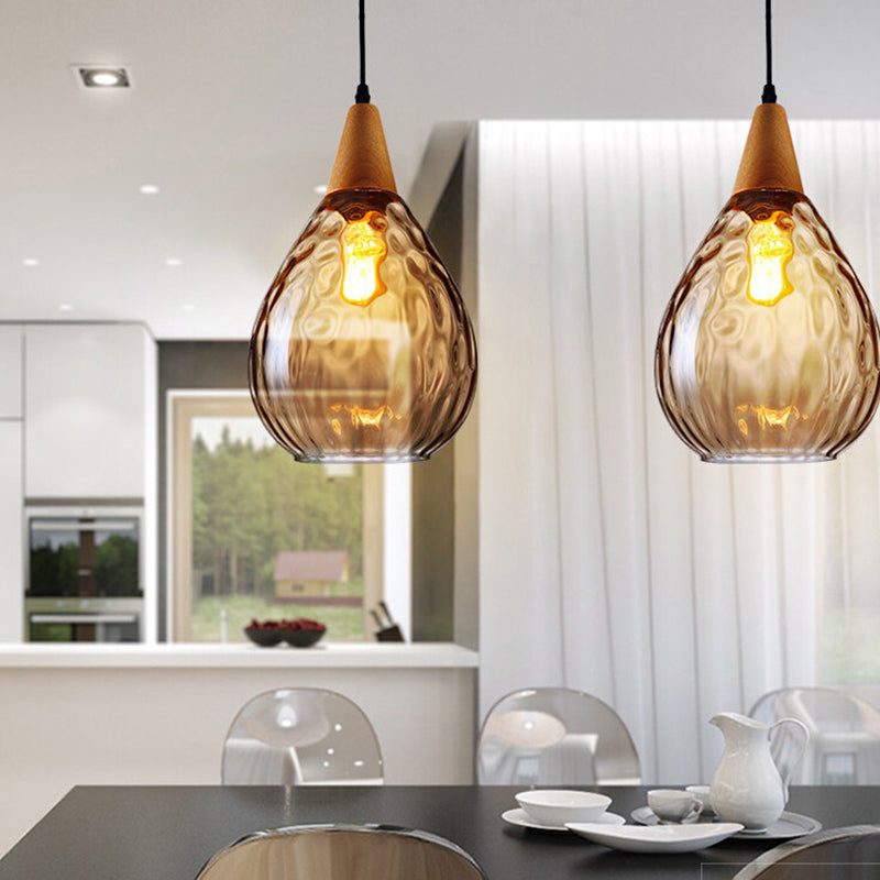 Modern Wood Teardrop Pendant Light Fixture - 6/8 Wide Amber Water Glass Hanging Lamp For Restaurants