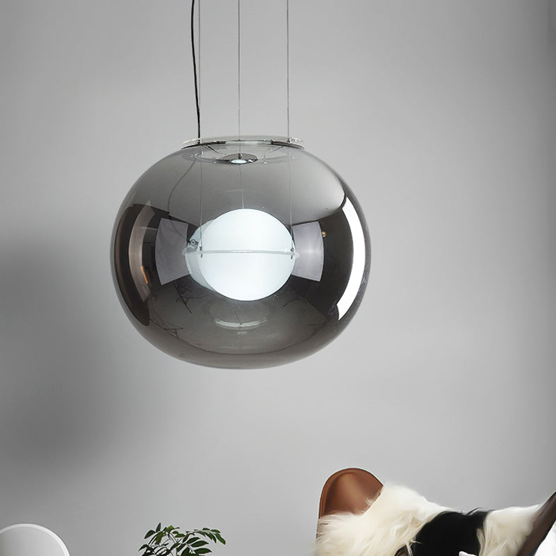 Postmodern Double Globe Hanging Light - White/Red/Smoke Grey Glass Kitchen Pendant Lamp 1 Bulb 12/16