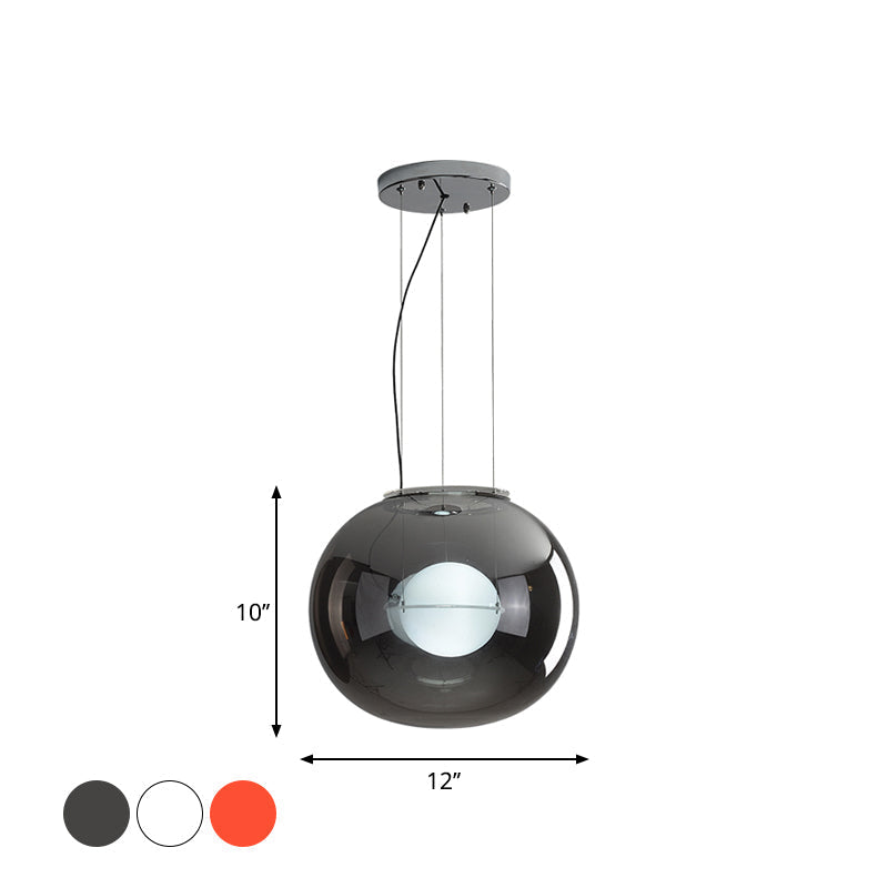 Modern Hanging Light with Double Globe, White/Red/Smoke Grey Glass, 1 Bulb, Kitchen Pendant Lamp, 12"/16" W