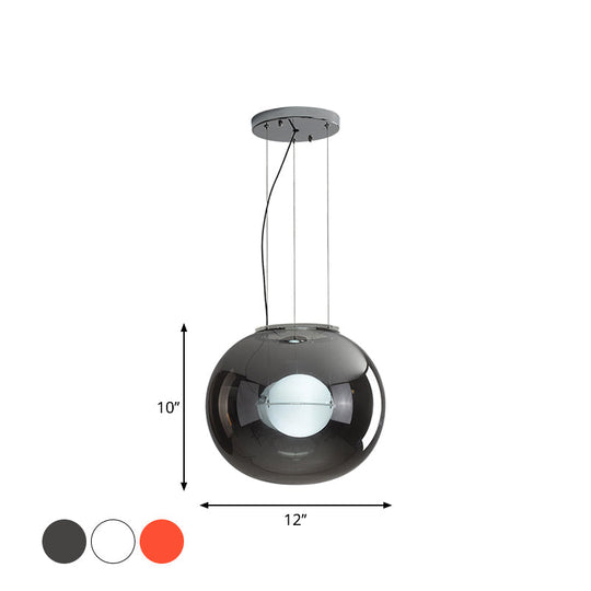 Modern Hanging Light with Double Globe, White/Red/Smoke Grey Glass, 1 Bulb, Kitchen Pendant Lamp, 12"/16" W