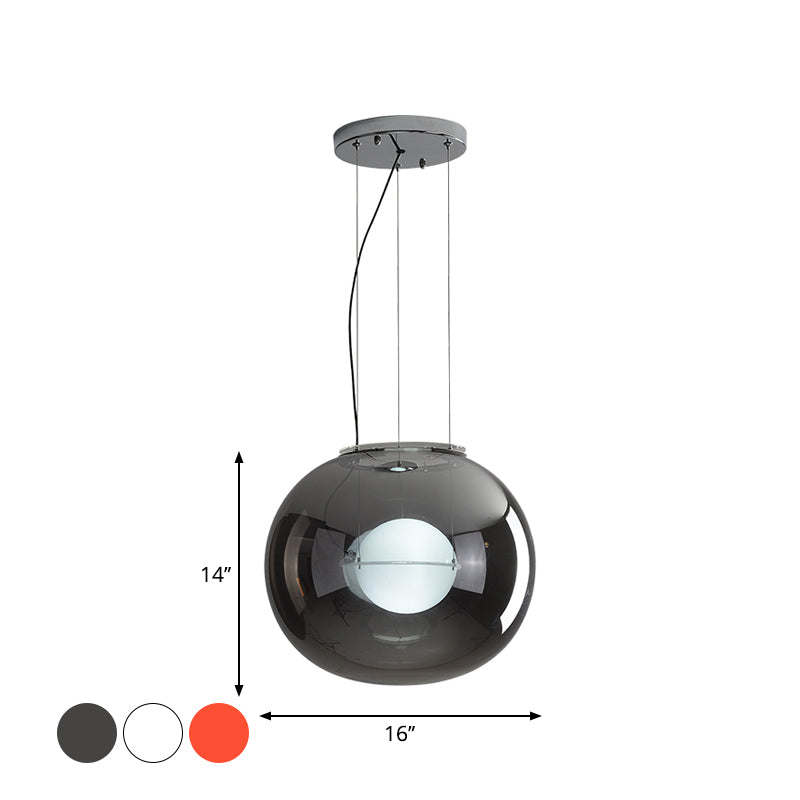 Postmodern Double Globe Hanging Light - White/Red/Smoke Grey Glass Kitchen Pendant Lamp 1 Bulb 12/16