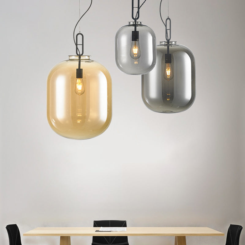 Modern Black Ovale Ceiling Hanging Light with Smoke Grey/Amber Glass Pendant - 1 Bulb Lighting Fixture, Sizes: 9.5"/14"/17