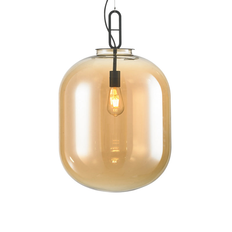 Modern Black Ovale Ceiling Hanging Light with Smoke Grey/Amber Glass Pendant - 1 Bulb Lighting Fixture, Sizes: 9.5"/14"/17