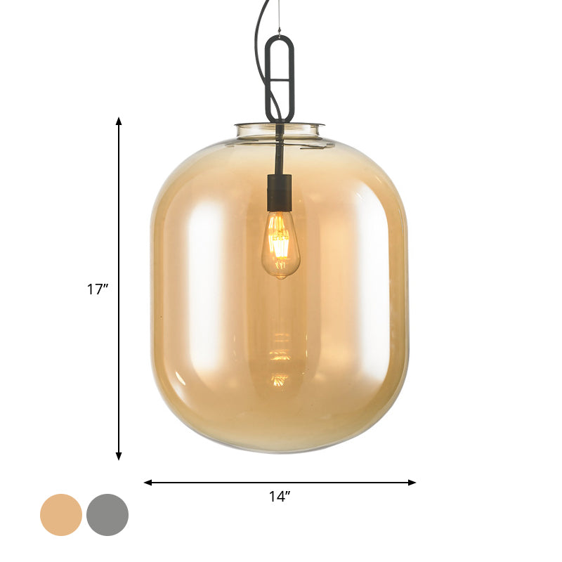 Modern Black Ovale Ceiling Hanging Light with Smoke Grey/Amber Glass Pendant - 1 Bulb Lighting Fixture, Sizes: 9.5"/14"/17