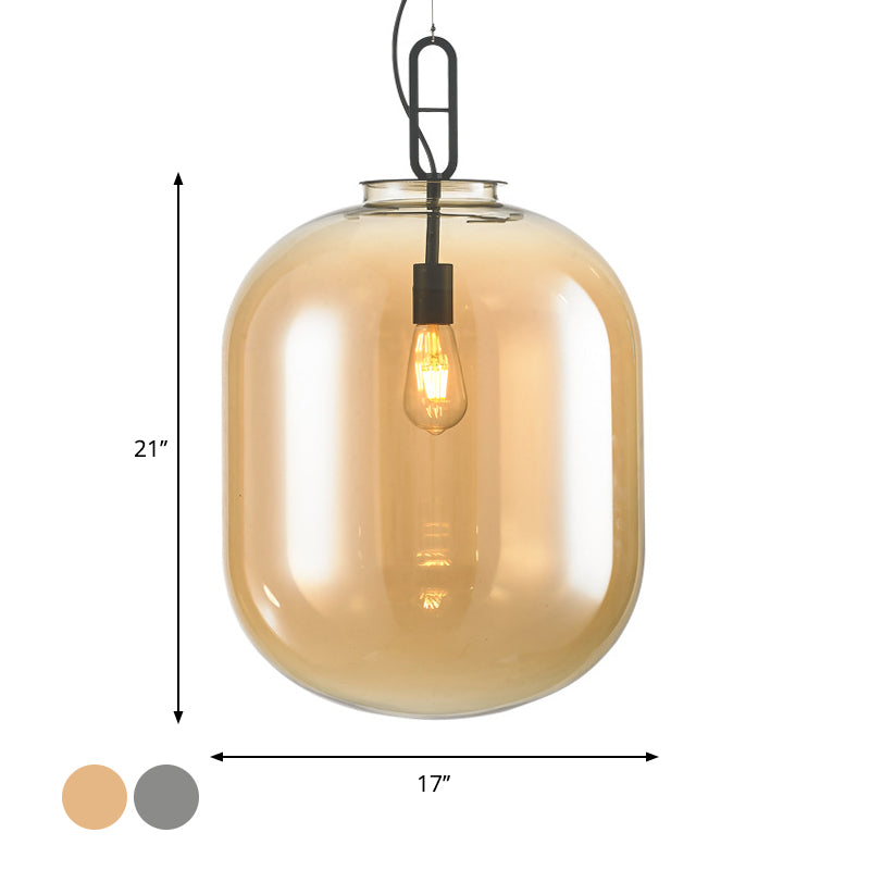 Modern Black Ovale Ceiling Hanging Light with Smoke Grey/Amber Glass Pendant - 1 Bulb Lighting Fixture, Sizes: 9.5"/14"/17