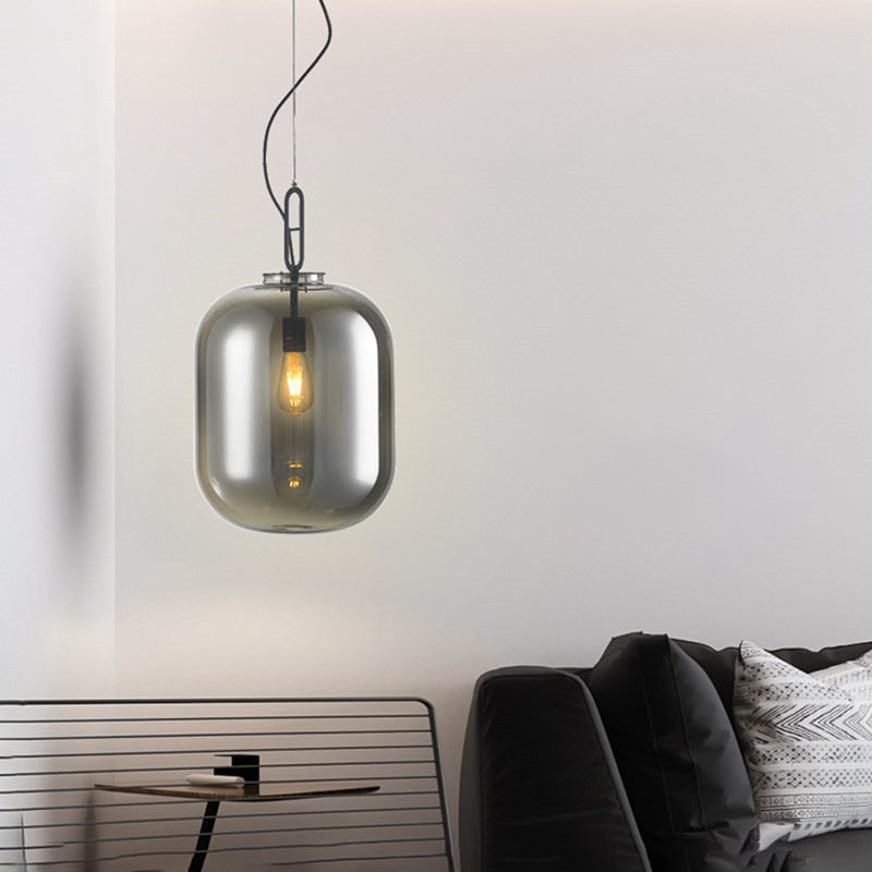 Modern Black Ovale Ceiling Hanging Light with Smoke Grey/Amber Glass Pendant - 1 Bulb Lighting Fixture, Sizes: 9.5"/14"/17
