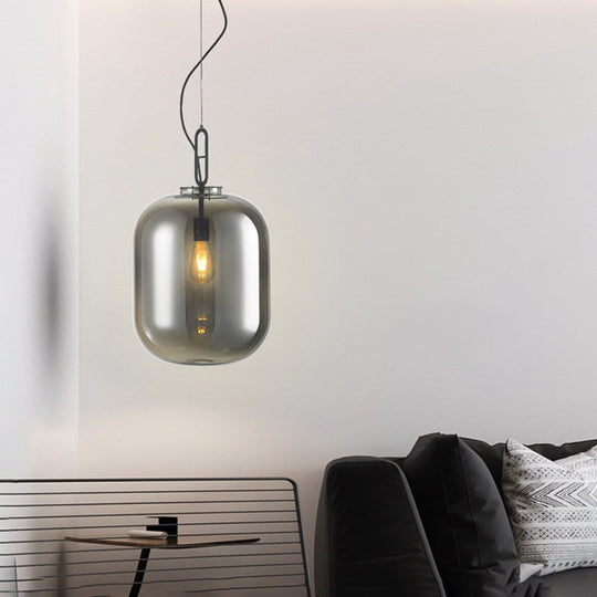 Modern Black Ovale Ceiling Pendant Light Fixture - 1 Bulb Smoke Grey/Amber Glass Sizes 9.5/14/17