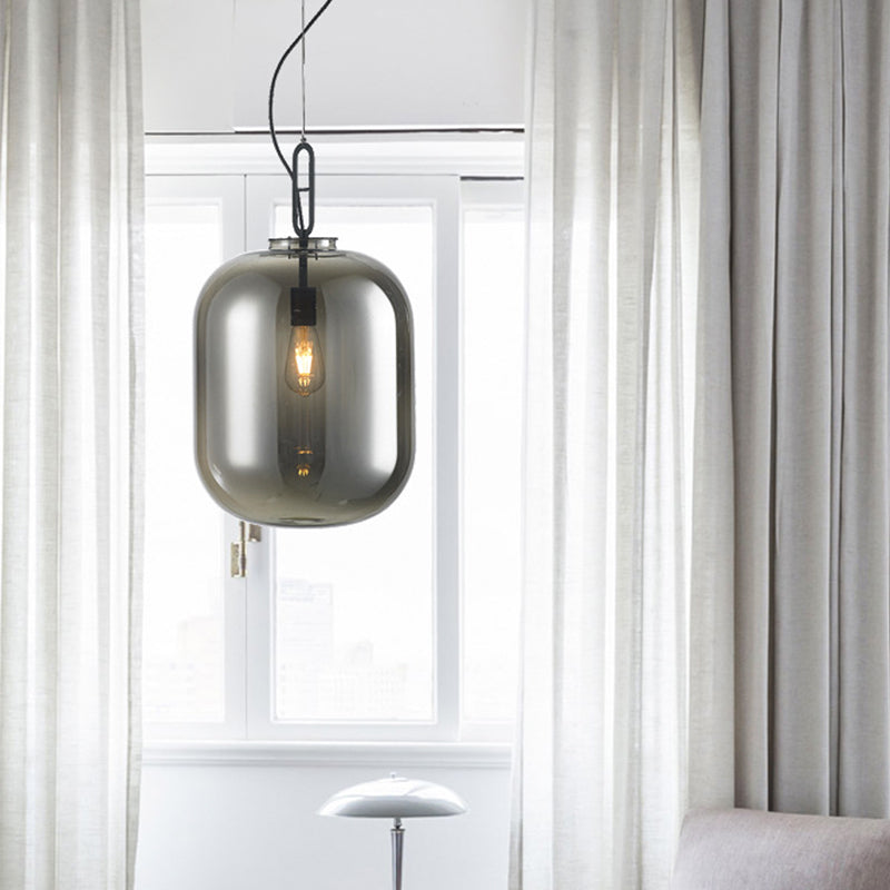 Modern Black Ovale Ceiling Hanging Light with Smoke Grey/Amber Glass Pendant - 1 Bulb Lighting Fixture, Sizes: 9.5"/14"/17