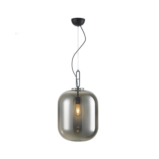 Modern Black Ovale Ceiling Pendant Light Fixture - 1 Bulb Smoke Grey/Amber Glass Sizes 9.5/14/17