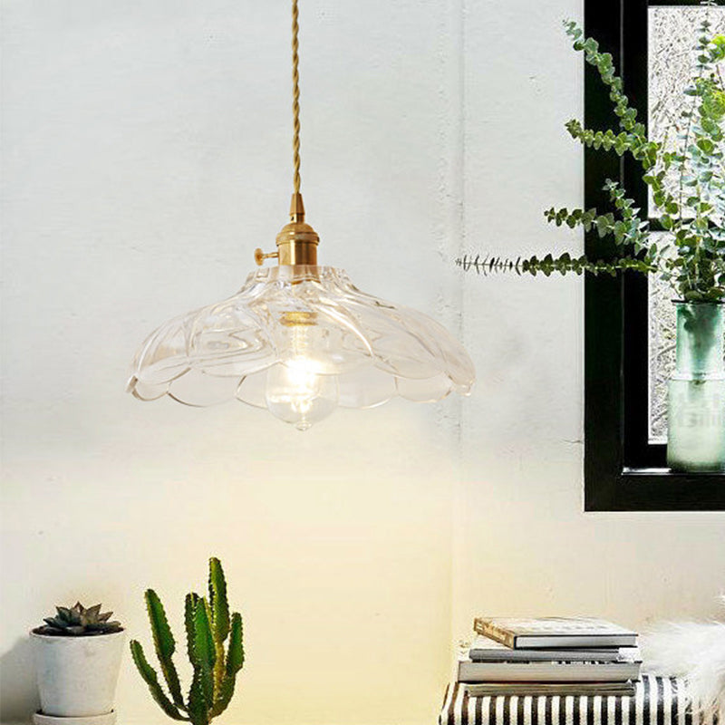 Gold Post-Modern Pendant Hanging Lamp Kit with 1 Head, Floral/Bowl/Cone Design and Frosted/Clear Glass Shade
