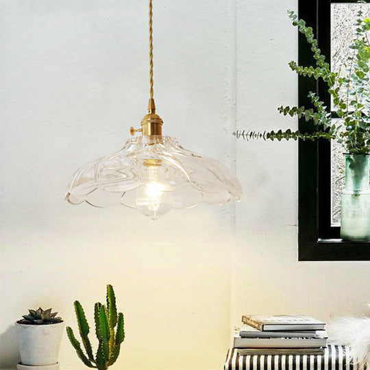 Gold Post-Modern Pendant Hanging Lamp Kit with 1 Head, Floral/Bowl/Cone Design and Frosted/Clear Glass Shade