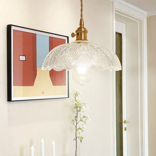 Gold Post-Modern Pendant Hanging Lamp Kit with 1 Head, Floral/Bowl/Cone Design and Frosted/Clear Glass Shade