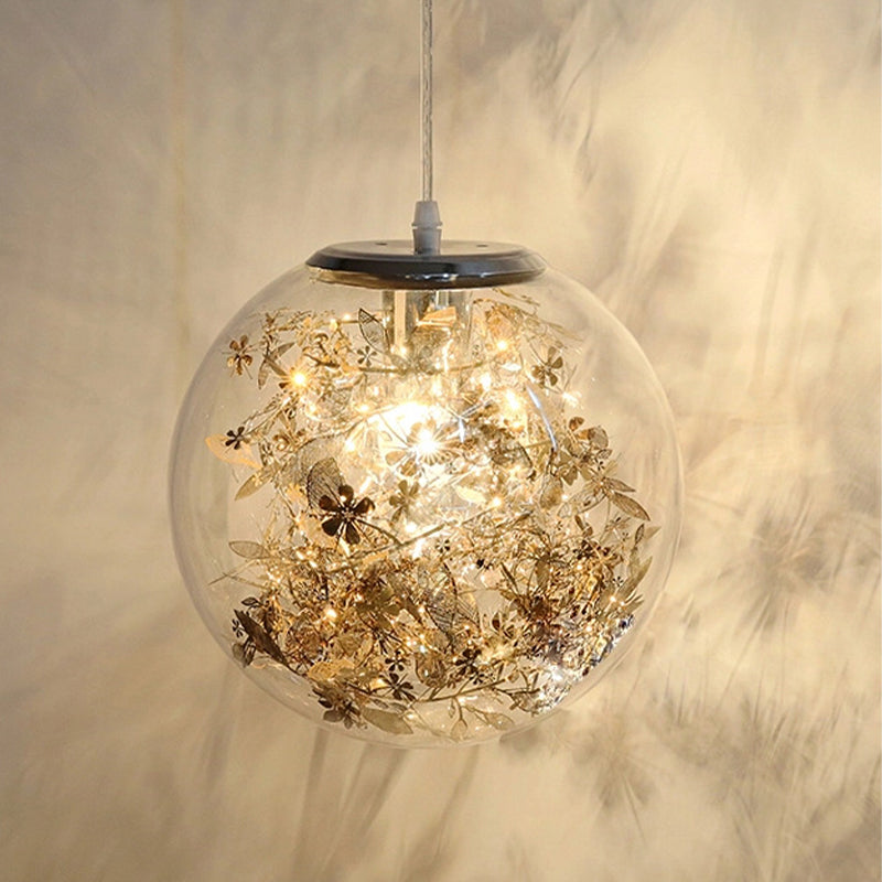 Modern Clear Glass Pendulum Light with Scattered Flower Decor - 1 Head Silver/Gold Ceiling Hang Lamp