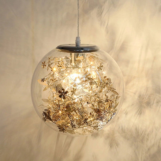 Modern Globe Glass Pendulum Light With Flower Decor Silver/Gold Ceiling Lamp