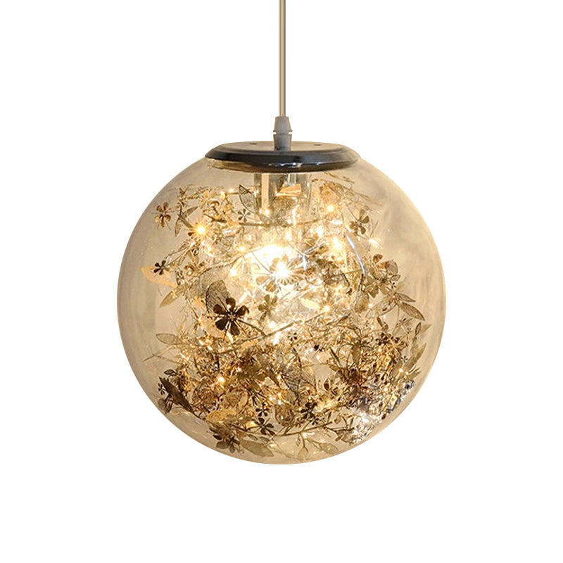 Modern Globe Glass Pendulum Light With Flower Decor Silver/Gold Ceiling Lamp