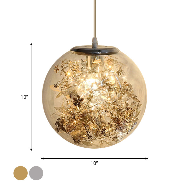 Modern Globe Glass Pendulum Light With Flower Decor Silver/Gold Ceiling Lamp