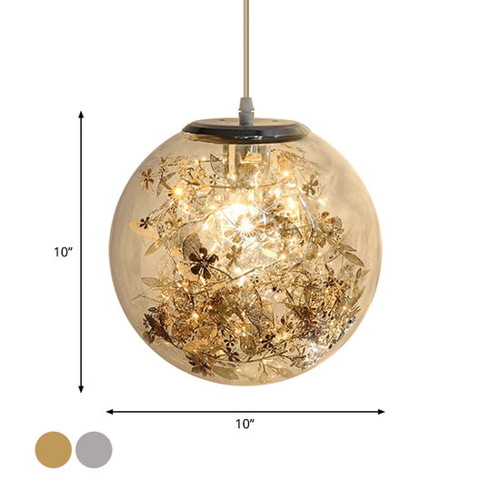 Modern Globe Glass Pendulum Light With Flower Decor Silver/Gold Ceiling Lamp