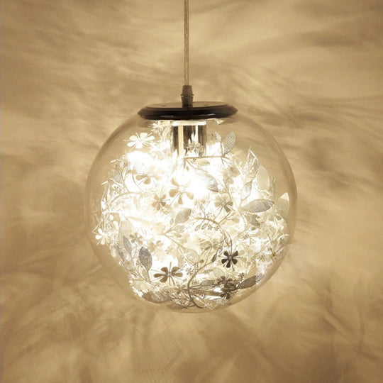Modern Globe Glass Pendulum Light With Flower Decor Silver/Gold Ceiling Lamp Silver / B