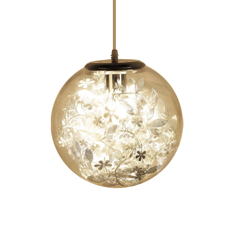Modern Globe Glass Pendulum Light With Flower Decor Silver/Gold Ceiling Lamp