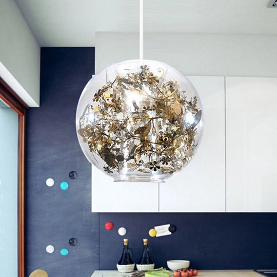 Modern Globe Glass Pendulum Light With Flower Decor Silver/Gold Ceiling Lamp Gold / A