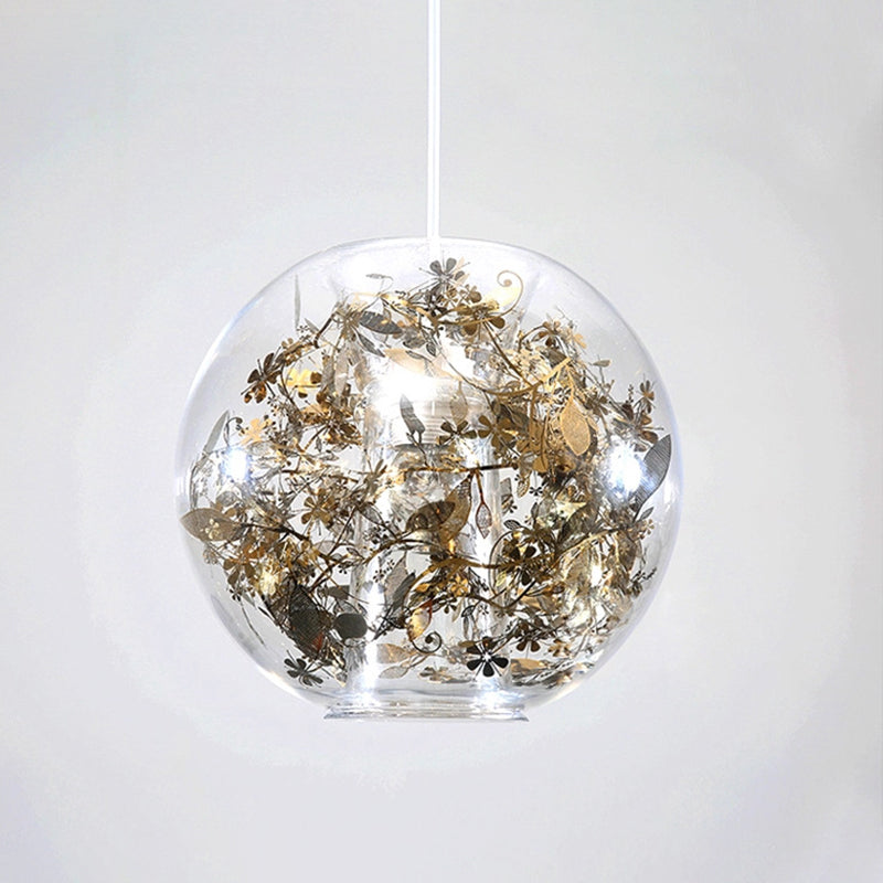 Modern Clear Glass Pendulum Light with Scattered Flower Decor - 1 Head Silver/Gold Ceiling Hang Lamp