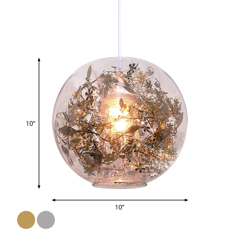 Modern Globe Glass Pendulum Light With Flower Decor Silver/Gold Ceiling Lamp
