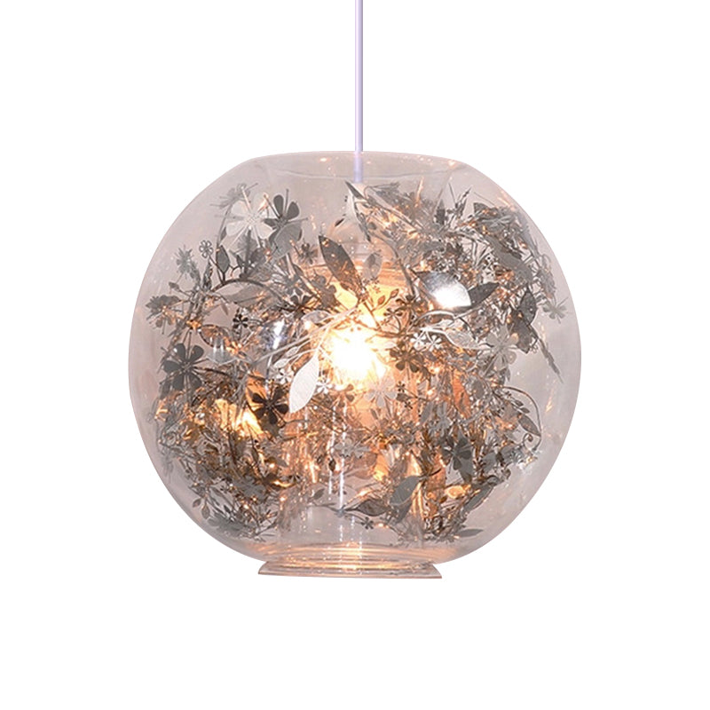 Modern Clear Glass Pendulum Light with Scattered Flower Decor - 1 Head Silver/Gold Ceiling Hang Lamp