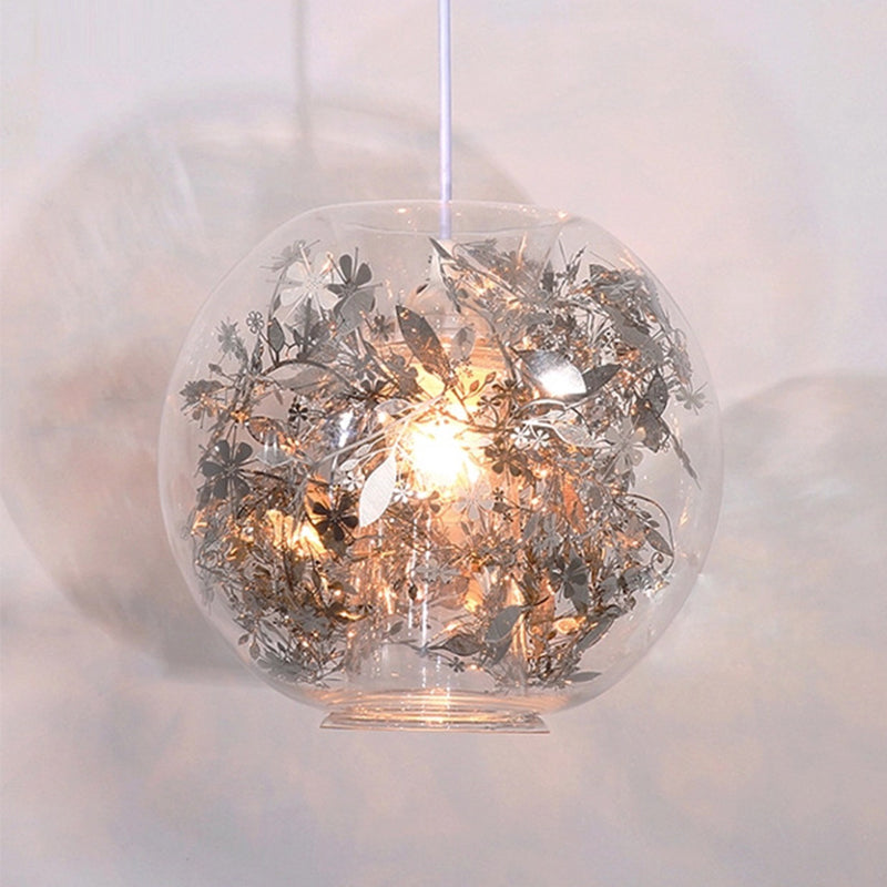 Modern Clear Glass Pendulum Light with Scattered Flower Decor - 1 Head Silver/Gold Ceiling Hang Lamp
