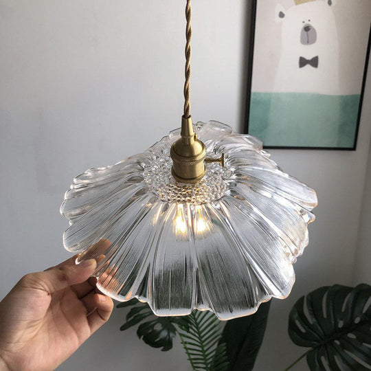 Modern Purple/Clear Glass Flower Pendant Lamp - 1 Light Brass Suspended Dining Table Fixture