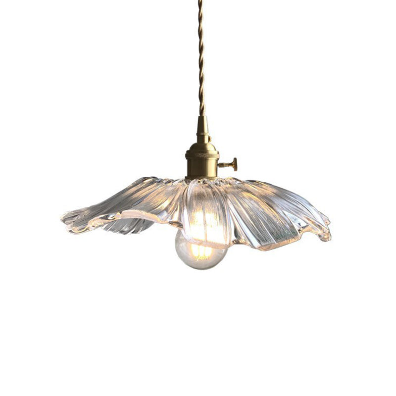 Modern Purple/Clear Glass Flower Pendant Lamp - 1-Light Brass Dining Table Lighting Fixture