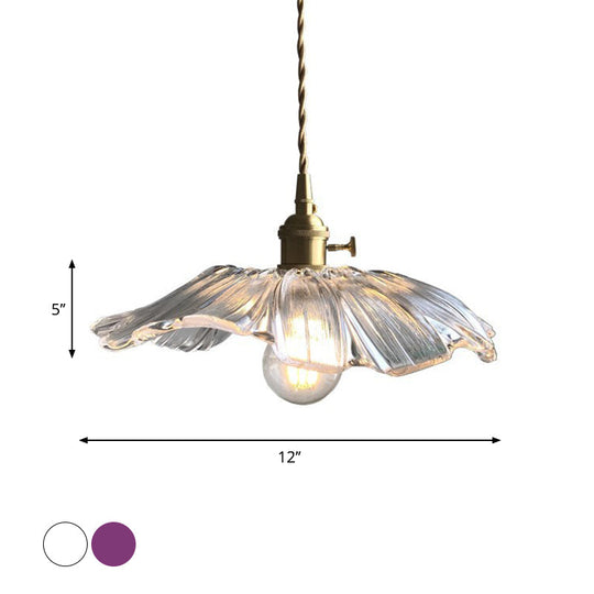 Modern Purple/Clear Glass Flower Pendant Lamp - 1 Light Brass Suspended Dining Table Fixture