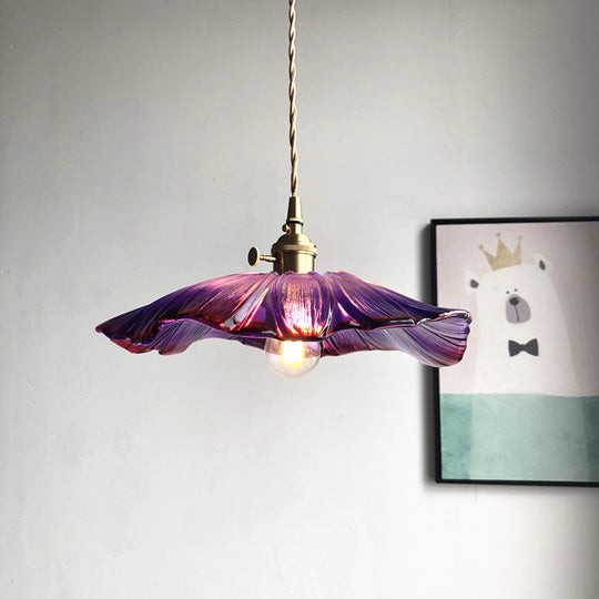 Modern Purple/Clear Glass Flower Pendant Lamp - 1 Light Brass Suspended Dining Table Fixture