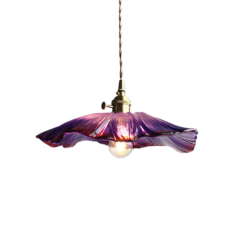 Modern Purple/Clear Glass Flower Pendant Lamp - 1 Light Brass Suspended Dining Table Fixture