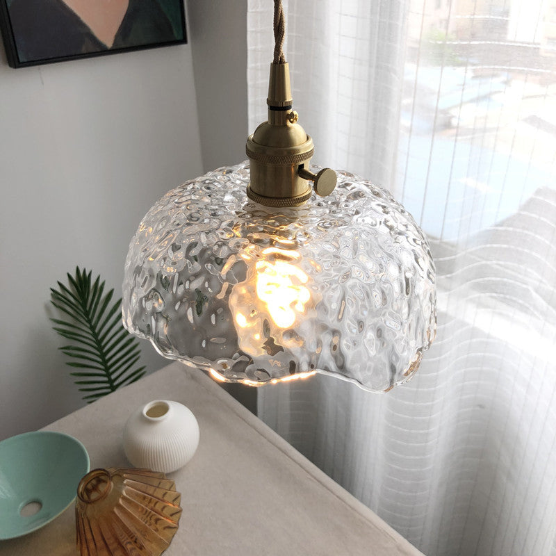 Clear Textured Glass Pendant Light With Brass Floral Rim