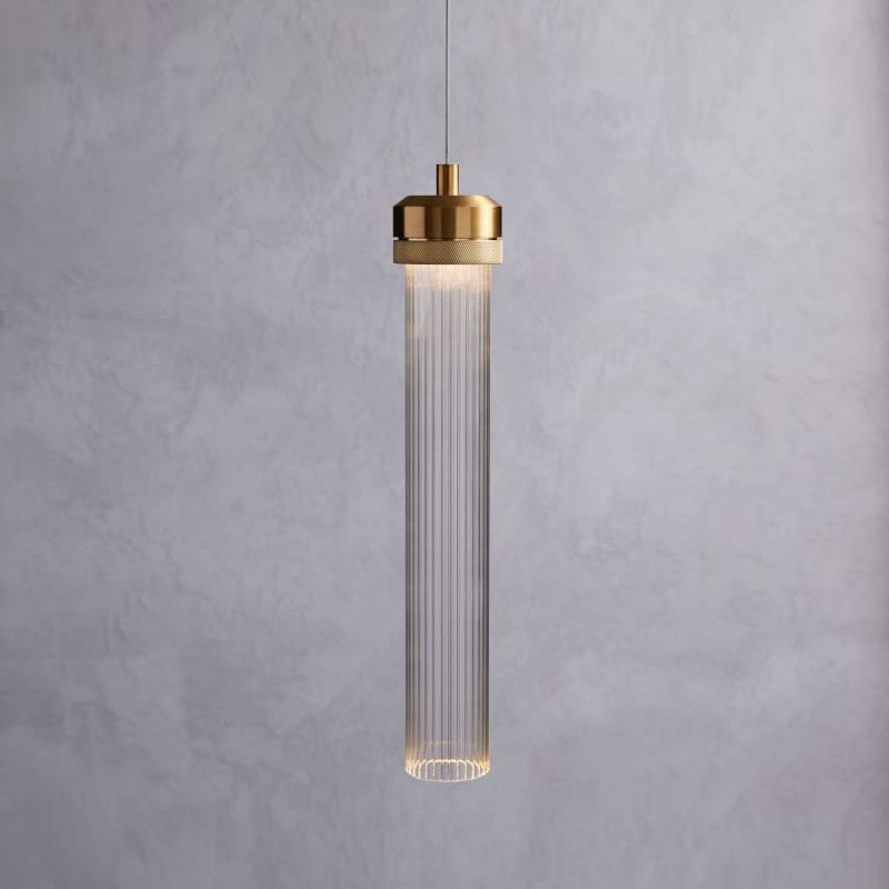 Clear Fluted Glass Tube Pendant Light: Simple Gold Ceiling Hanging Lamp for Dining Table