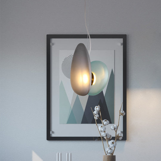 Dining Room Pendant Light - Post-Modern Brass Suspension Lighting with Blue/Cream Glass Shade - Set of 2