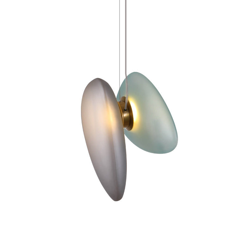 Modern Brass Pendant Light With Glass Shade - Set Of 2 Bulbs Pebble Accent In Light-Blue/Cream